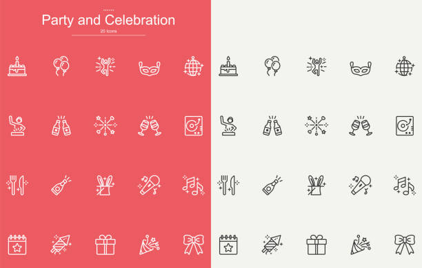 ilustraciones, imágenes clip art, dibujos animados e iconos de stock de diseño de iconos de línea de fiesta y celebración - red wine illustrations