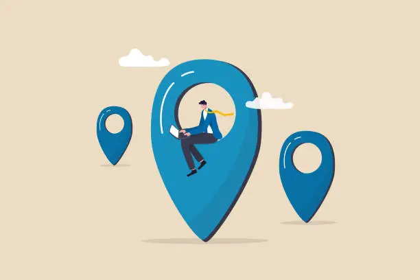 Vector illustration of Remote job or distance work, virtual office or working anywhere, freelancer or online office, oversea employee concept, businessman working remotely with computer laptop on location map pin.