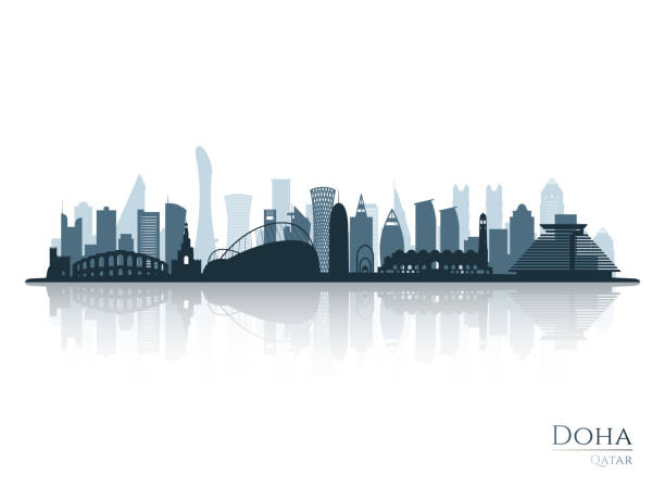 illustrazioni stock, clip art, cartoni animati e icone di tendenza di siluetta dello skyline di doha con riflesso. paesaggio doha, qatar. illustrazione vettoriale. - qatar