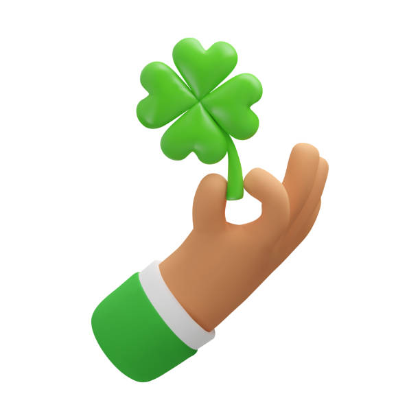 St. Patrick icon 3d icon hand holding clover leaf. Business arm with green shamrock, luck and success symbol. Vector cartoon realistic render illustration isolated. St. Patrick icon lucky stock illustrations