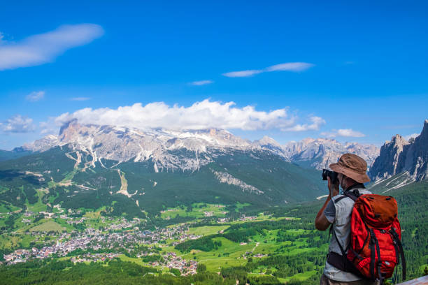 The town of Cortina d’Ampezzo with in background the mountain group of Tofane, Dolomites