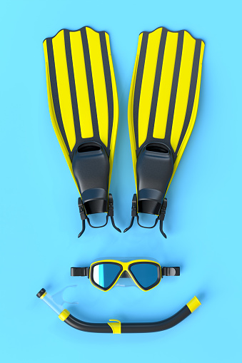 Colorful scuba mask, flippers and snorkeling tube on blue background. 3D render of summer vacation concept and holidays
