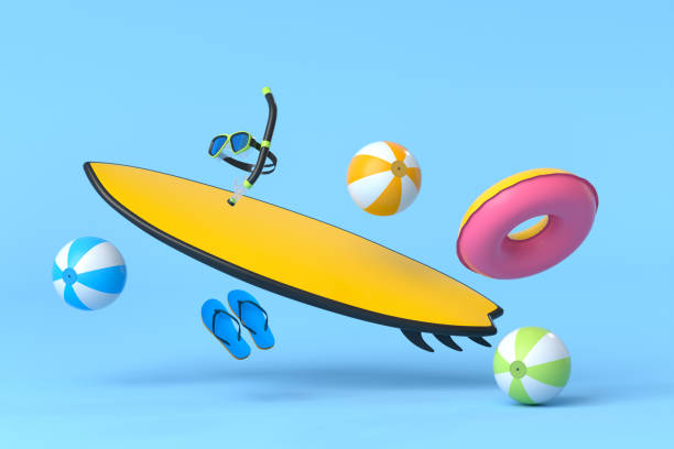 istock Colorful surfboard, beach ball and scuba mask on blue background. 1370648766