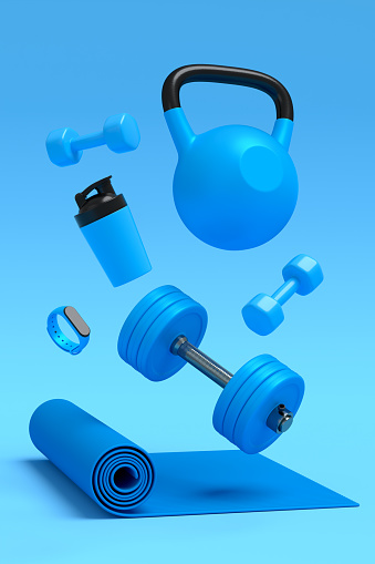 Isometric view of sport equipment like yoga mat, dumbbell and smart watches on blue background. 3d render of power lifting and fitness concept
