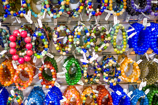 Moroccan colorful handmade beads and jewellery in a street market - Marrakesh souk, Morocco