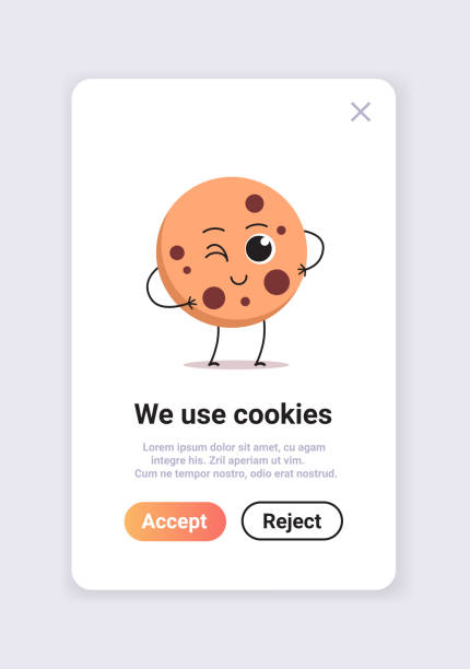 ilustraciones, imágenes clip art, dibujos animados e iconos de stock de protección de la información personal cookie mascota personaje con internet web pop up utilizamos la notificación de política de cookies - quick cookies