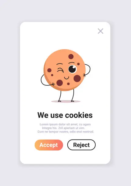 Vector illustration of protection of personal information cookie mascot character with internet web pop up we use cookies policy notification