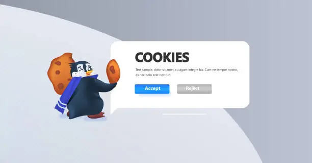 Vector illustration of penguin holding cookie protection of personal information internet web pop up we use cookies policy notification
