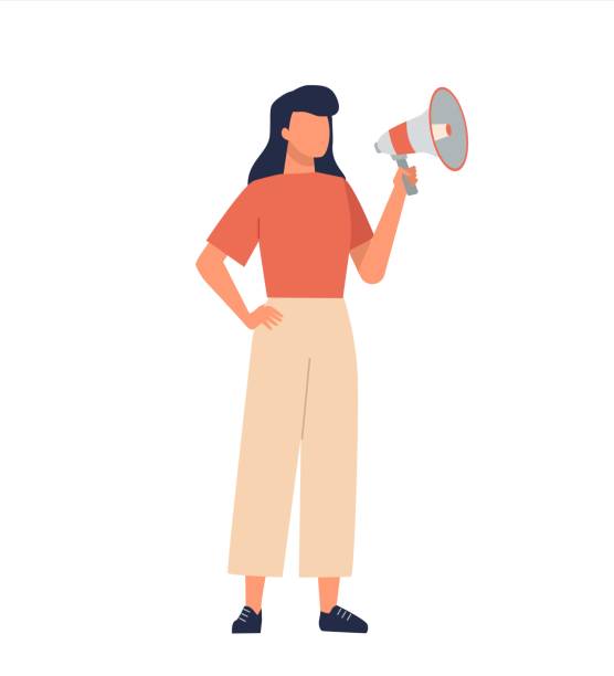 A young woman shouting on a megaphone. Female activist on protest A young woman shouting on a megaphone. Female activist on protest. Vector character illustration in flat style social awareness symbol audio stock illustrations