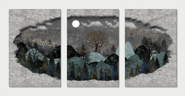 istock Black and white wallpaper 3d canvas landscape. mountains, trees, clouds, and moon in gray background. 1370653929