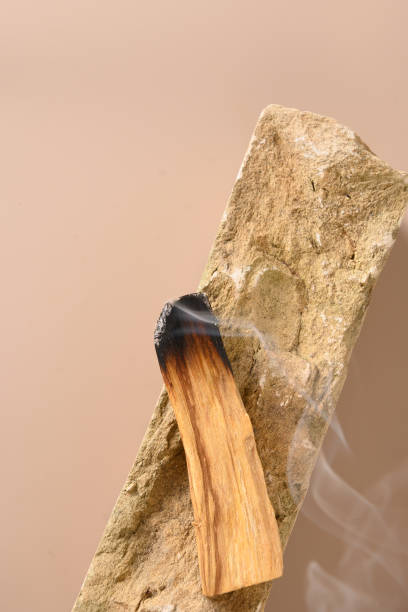 Palo Santo stick incense burning on stone.