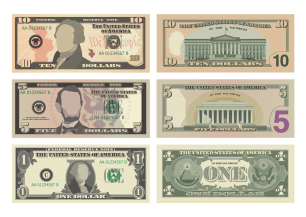 양측에서 10 달러, 5 달러 및 1 달러 지폐로 설정됩니다. 10, 5, 1 미국 달러 지폐. 비즈니스, 뱅킹 및 성공 개념. 흰색 배경에 격리 된 usd의 벡터 그림 - federal reserve stock illustrations
