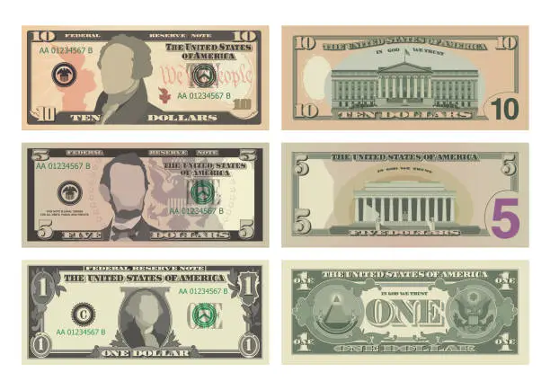 Vector illustration of Set of ten dollars, five dollars and one dollar bills from both sides. 10, 5 and 1 US dollars banknotes. Business, banking and success concept. Vector illustration of USD isolated on white background