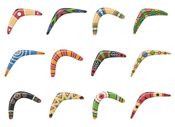 흰색 배경에 고립 된 다른 모양 아이콘의 전통적인 나무 부메랑. 호주 원주민 사냥 과 스포츠 무기. 원주민 나무 부메랑. 벡터 일러스트레이션 - boomerang souvenir australian culture symbol stock illustrations