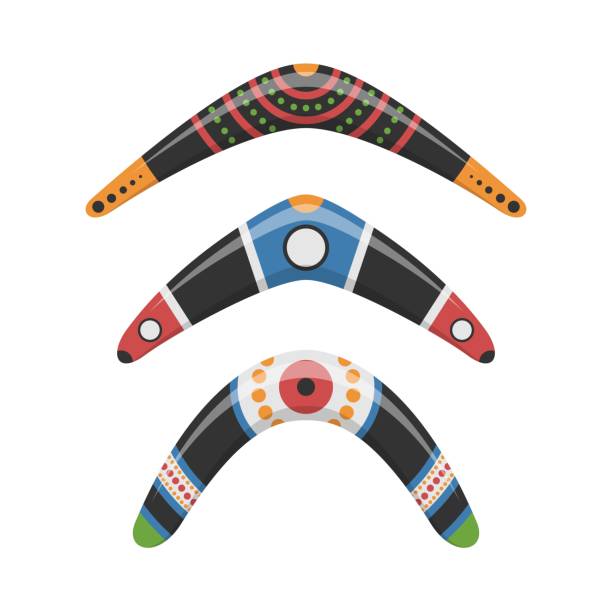 традиционные деревянные бумеранги различной формы иконы установлены изолированно на белом фоне. австралийское аборигенное охотничье и сп - boomerang souvenir australian culture symbol stock illustrations