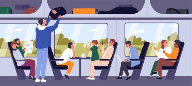 People traveling by train. Railway transport interior. Passengers inside railroad carriage with seats and windows. Men, women, kids tourists with baggage, laptop, phone. Flat vector illustration People traveling by train. Railway transport interior. Passengers inside railroad carriage with seats and windows. Men, women, kids tourists with baggage, laptop, phone. Flat vector illustration. progress window stock illustrations
