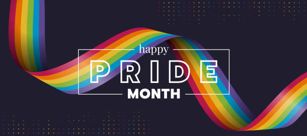 illustrations, cliparts, dessins animés et icônes de happy pride month text and rainbow pride ribbon roll wave on circle dot texture and dark background vector design - pride month