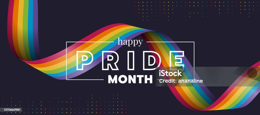 Happy Pride month text and rainbow pride ribbon roll wave on circle dot texture and dark background vector design LGBTQIA Pride Month stock vector