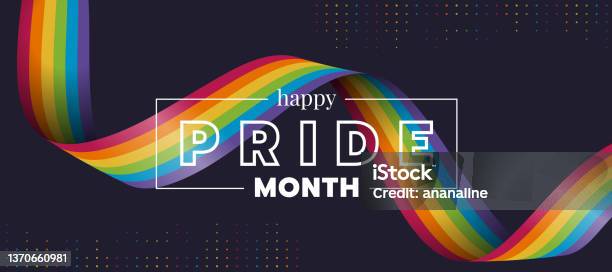 Happy Pride Month Text And Rainbow Pride Ribbon Roll Wave On Circle Dot Texture And Dark Background Vector Design Stock Illustration - Download Image Now