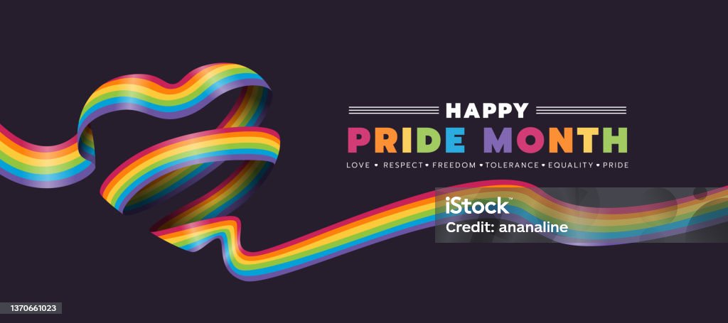 Happy Pride month text and rainbow pride ribbon roll make heart shape on dark background vector design LGBTQIA Pride Month stock vector