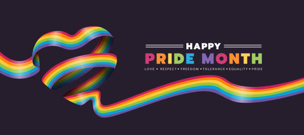Happy Pride month text and rainbow pride ribbon roll make heart shape on dark background vector design Happy Pride month text and rainbow pride ribbon roll make heart shape on dark background vector design june stock illustrations