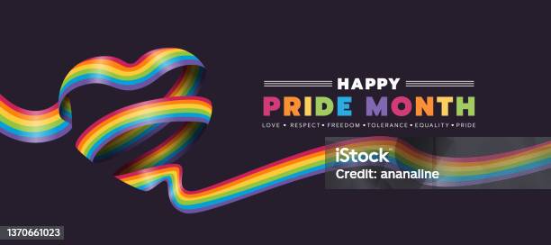 Happy Pride Month Text And Rainbow Pride Ribbon Roll Make Heart Shape On Dark Background Vector Design Stock Illustration - Download Image Now