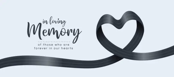 Vector illustration of In loving memory, of those who are forever in our hearts text and black alternating Stripe ribbon roll wave make heart shape vector design