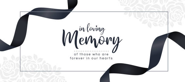 In loving memory of those who are forever in our hearts text and black ribbon roll wave around frame on white rose texture background vector design In loving memory of those who are forever in our hearts text and black ribbon roll wave around frame on white rose texture background vector design compassion stock illustrations