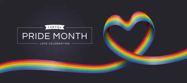Vector illustration of LGBTQ Pride month love celebration text and rainbow pride ribbon roll make heart shape on dark background vector design