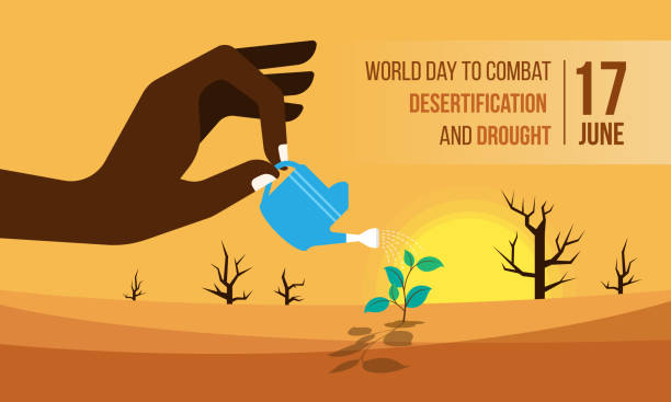 world day to combat desertification and drought banner with hand holding a watering pot , watering the seedlings in dry areas and then hot deserts vector design - 旱災 幅插畫檔、美工圖案、卡通及圖標