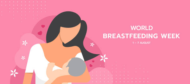 world breastfeeding week banner with mom breastfeeding baby on pink background vector design - 餵人奶 幅插畫檔、美工圖案、卡通及圖標