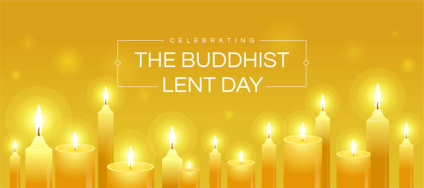 feiern sie den buddhistischen lent-day-text im rahmen und gelbe kerzen, um auf gelbem hintergrund-vektor-design zu beten - vesak day stock-grafiken, -clipart, -cartoons und -symbole