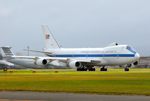 Tokyo, Japan - September 17, 2012:United States Air Force Boeing E-4B Nightwatch NEACP (National Emergency Airborne Command Post) aircraft at Yokota Air Base.