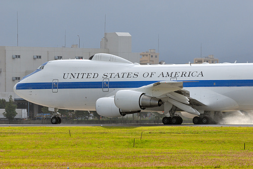 Tokyo, Japan - September 17, 2012:United States Air Force Boeing E-4B Nightwatch NEACP (National Emergency Airborne Command Post) aircraft at Yokota Air Base.