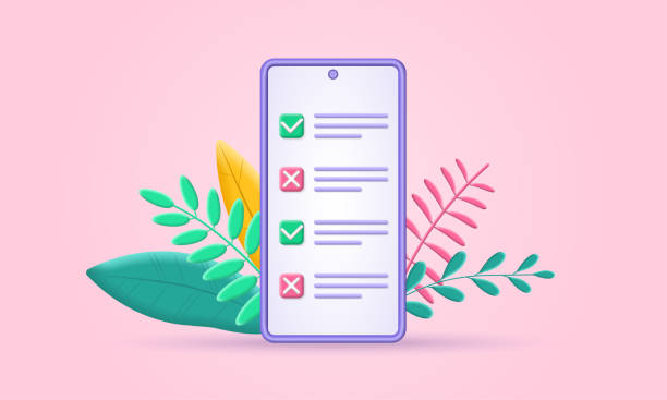 checkliste auf dem handy-bildschirmset. 3d-checkliste auf dem smartphone mit häkchen- und kreuzsymbolen, richtigen und falschen häkchen. online-test, befragungskonzept. vektorillustration. - endorsing business application form filling stock-grafiken, -clipart, -cartoons und -symbole