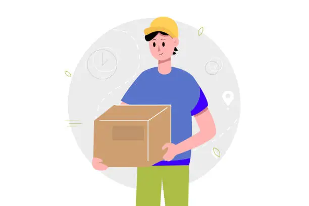 Vector illustration of Delivery man holding a parcels box. Fast delivery service concept. Vector illustration.