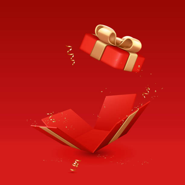 istock Red gift box with open lid with gold ribbons and bow, isolated on red background. 1370665279