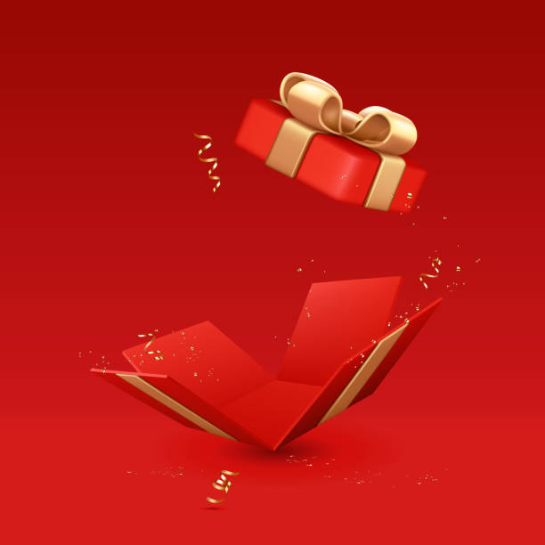 Red gift box with open lid with gold ribbons and bow, isolated on red background. Red gift box with open lid with gold ribbons and bow, isolated on red background. present box stock illustrations