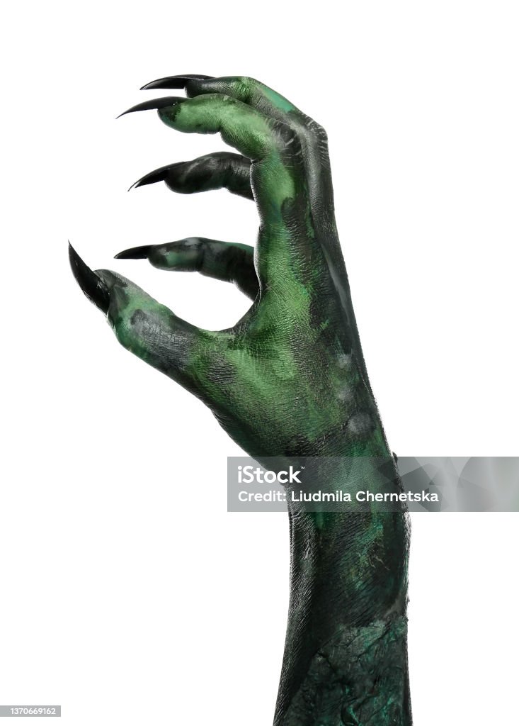 Scary monster on white background, closeup of hand. Halloween character Hand Stock Photo