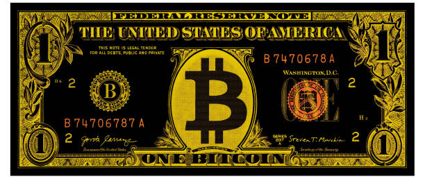 istock 1 one Bitcoin golden Banknote , U.S. 1 highly detailed dollar banknote 1370669218