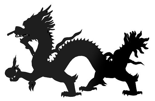 Computer generated 2D illustration with the silhouette of a Chinese dragon statue