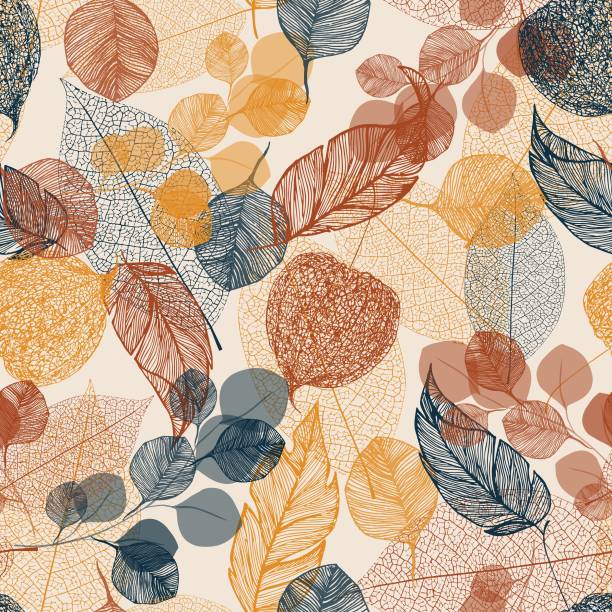 ilustraciones, imágenes clip art, dibujos animados e iconos de stock de patrón floral sin costuras con physalis y hojas - fall leaves