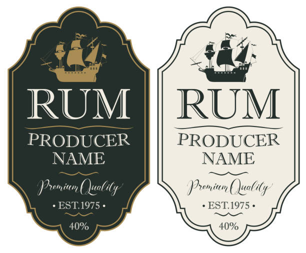illustrazioni stock, clip art, cartoni animati e icone di tendenza di etichette per rum con velieri in stile retrò - pub