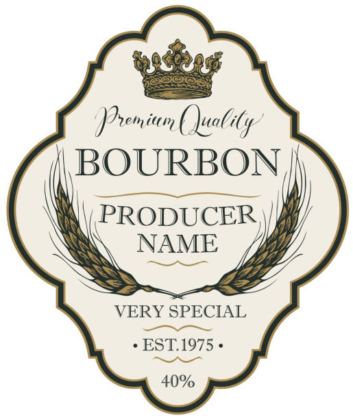 ilustraciones, imágenes clip art, dibujos animados e iconos de stock de etiqueta figurada para bourbon con espiguillas y corona - cognac bottle