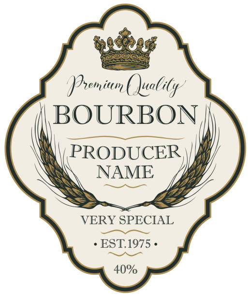 figured label for bourbon with spikelets and crown Ornate vector label for Bourbon in the figured frame with crown, spikelets and inscriptions on light background in retro style. Strong alcoholic beverage scotch whiskey illustrations stock illustrations