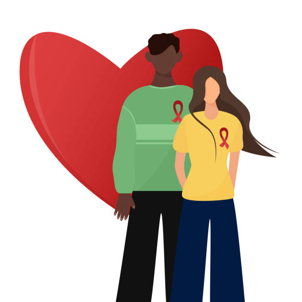 czarny mężczyzna i biała kobieta z czerwonymi wstążkami na piersiach. światowy dzień aids. - playbill stock illustrations