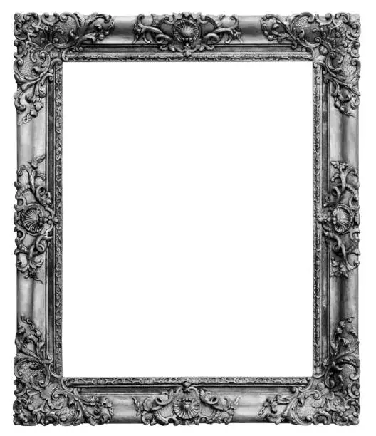 Wooden vintage rectangular  silver-plated, silver antique empty picture frame, isolated on white background"n