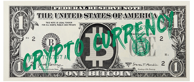 Crypto Currency text , 1 one Bitcoin Banknote , U.S. 1 highly detailed dollar banknote