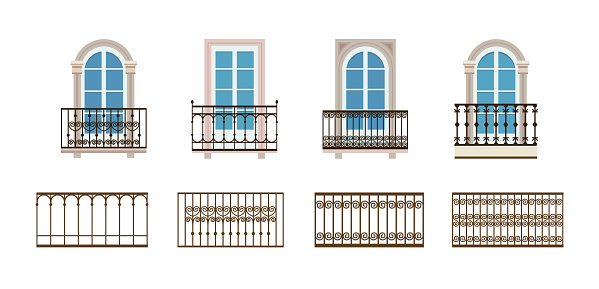 Set of balcony railing and terrace fencing from stainless steel, iron. Collection of architectural elements. vector illustration isolated on white background in flat style.