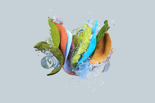 Splashing  water on abstract elements,  leaf shaped, differently textured, CGI and photography combined.